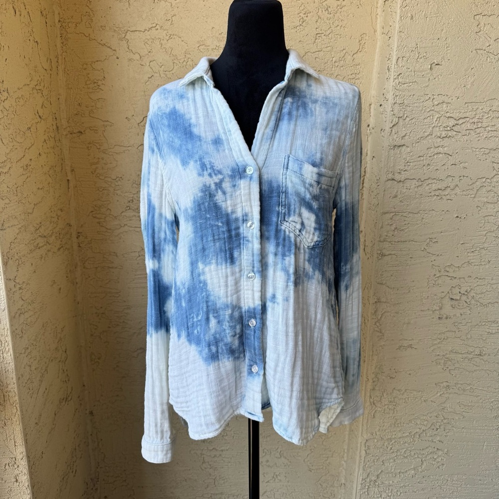 Bella Dahl Tie Dye Long Sleeve Top Sz M Cotton White Blue Collared Pocket